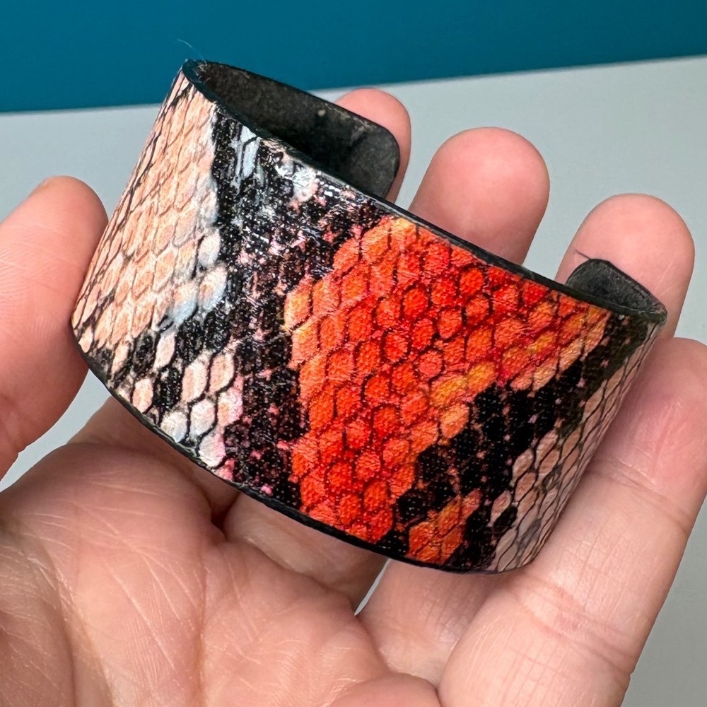 Handmade Orange Snakeskin Leather Cuff Bracelet Wide Animal Print Statement